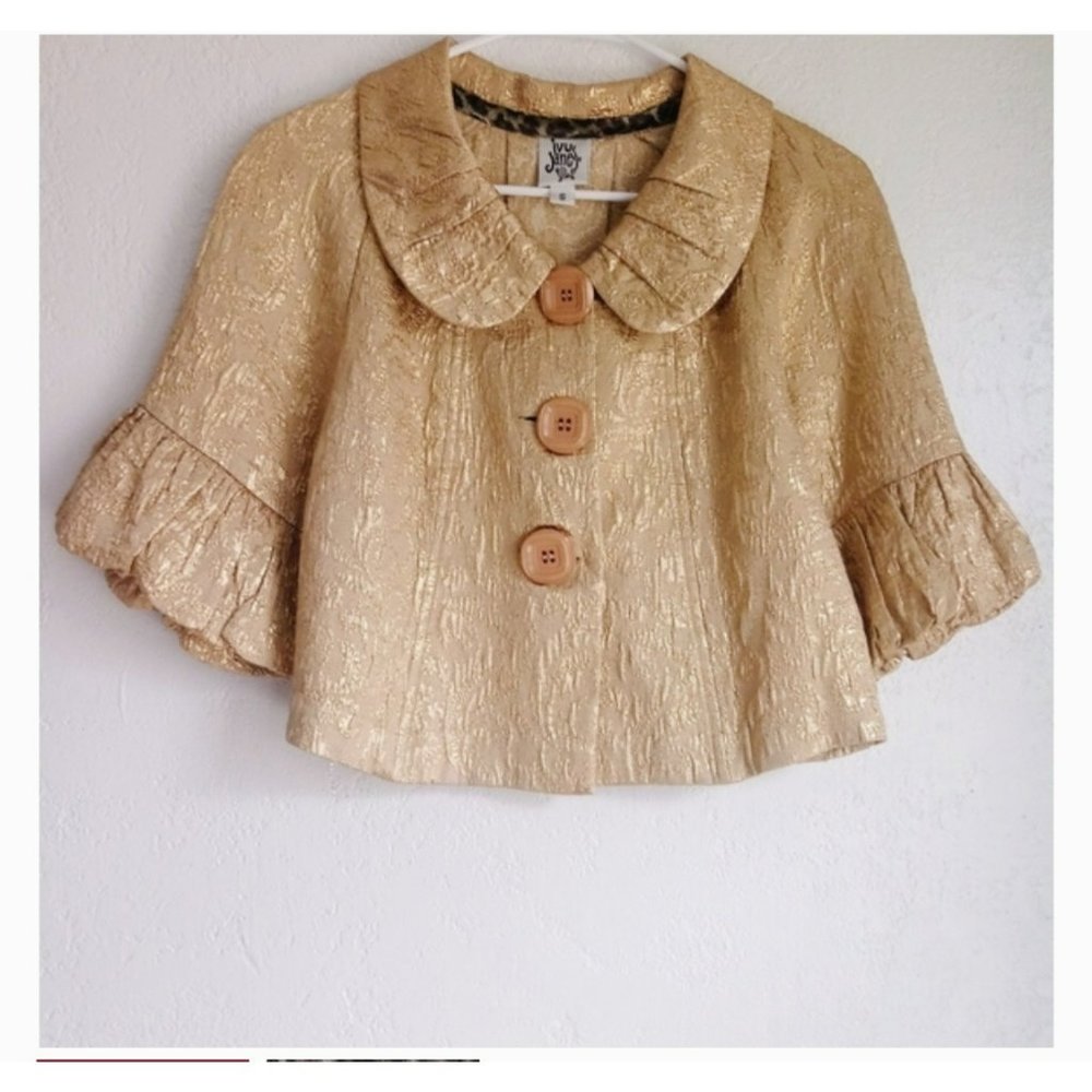 Anthropologie Ivy Jane Womens XS Metallic Gold Blazer Peter Pan Collar Ruffle Si